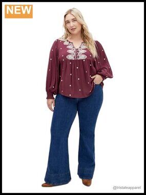 Plus Size Boho Blouson Top V-Neck Embroidery Long Sleeve